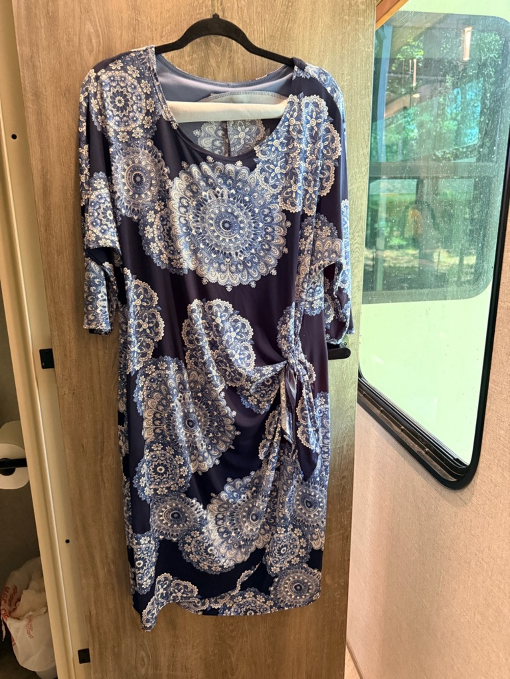 Robbie Bee Navy and Light Blue Printed Tie-Detail Midi Dress